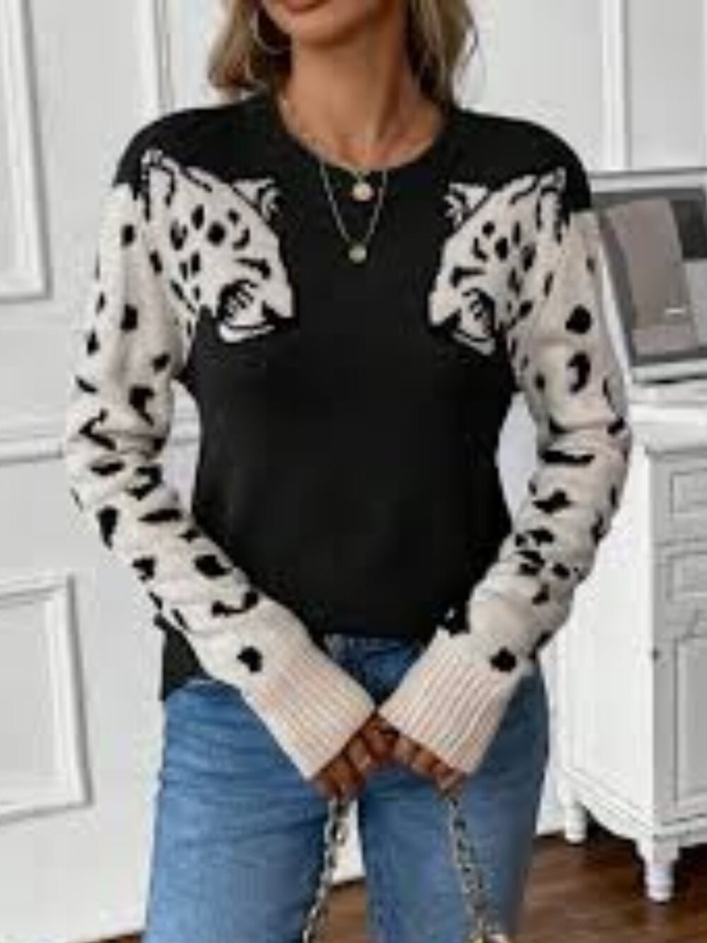 🐆 Leopard Cat Graphic Sweater | Black & Ivory | Size M